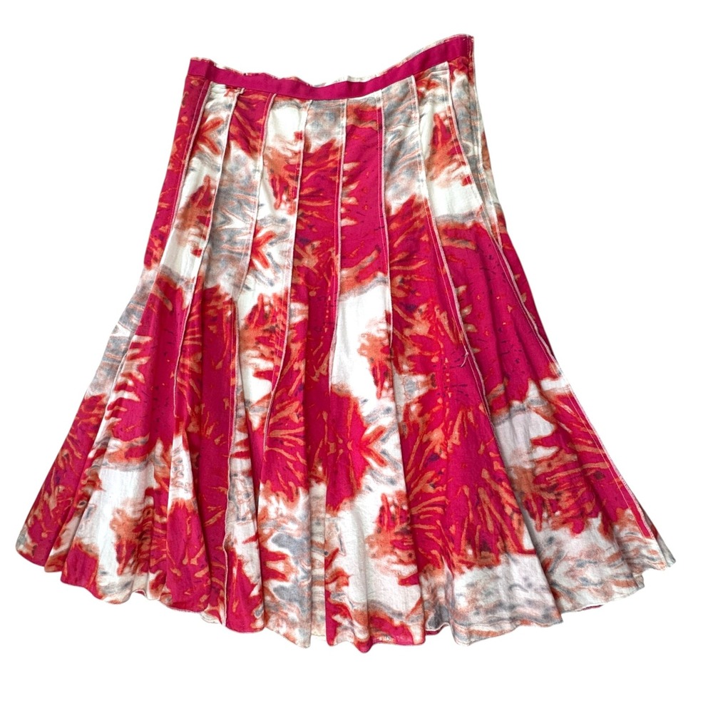 Focus 2000 Pink Floral Pleated Midi Skirt Womens 4 Cotton Lined A Line Panelled